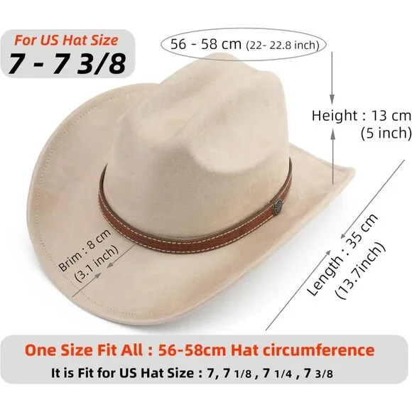 Unisex Beige Western Faux Stitched Leather Band Classic Fedora Cowboy Felt Hat - Picture 2 of 6